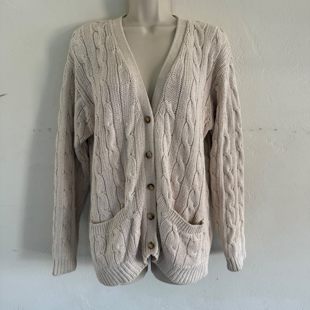 Calvin Klein Sport Womens Beige Cable Knit Cardigan‎ Sweater Medium Linen Cotton